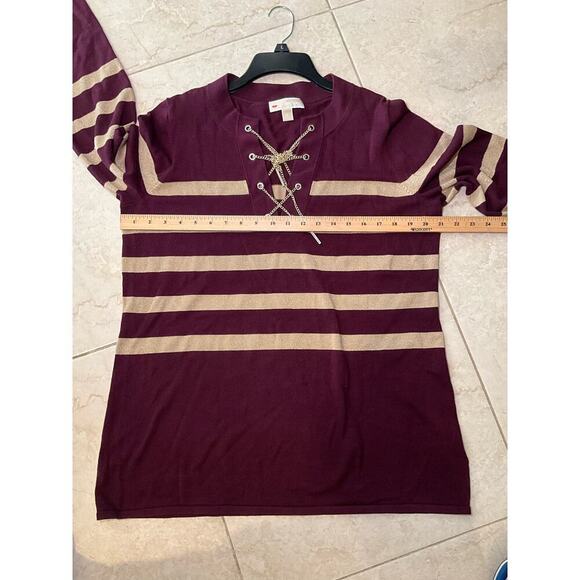 Micheal Kors Lace-Up Sweater Stripe Knit Pullover Metallic Burgundy Gold Size XL - Picture 5 of 6